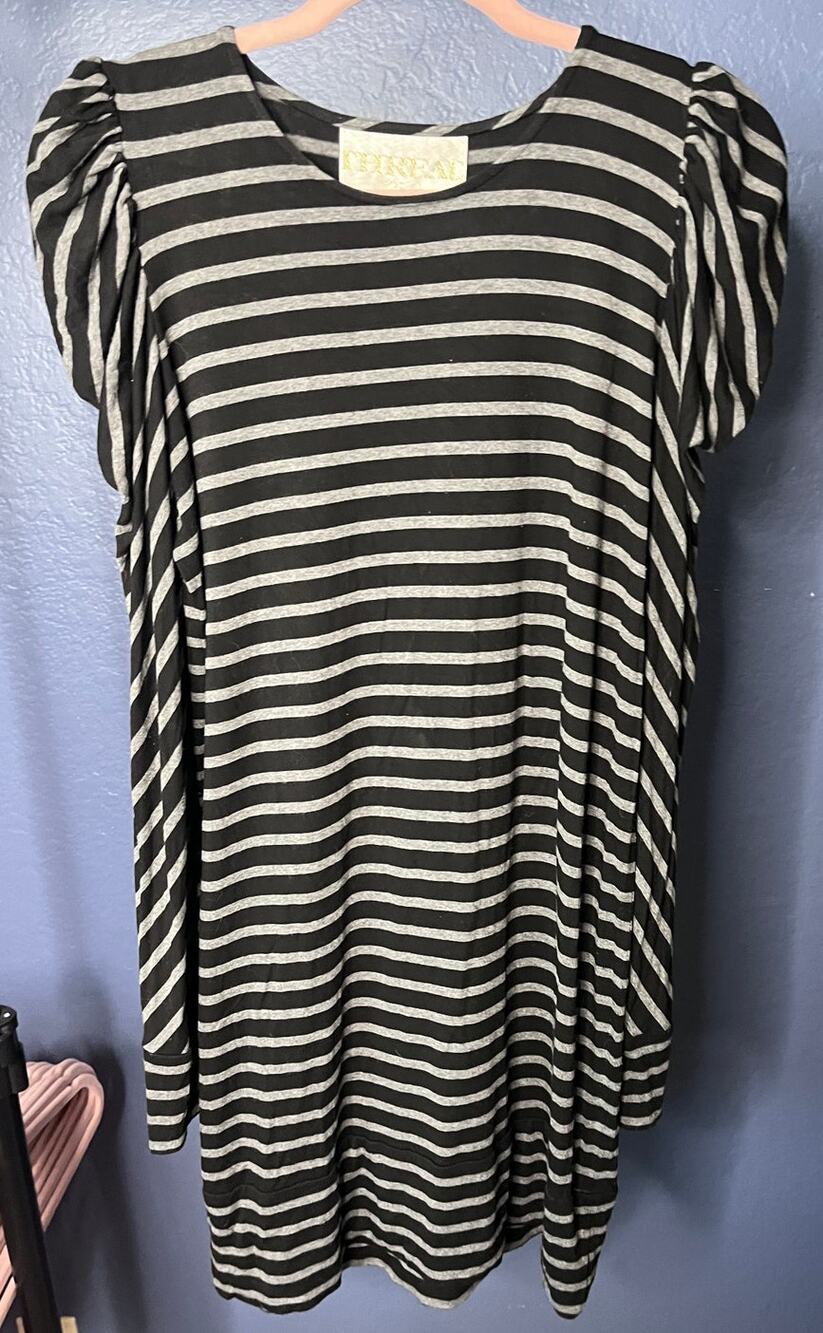 Thread Social Striped Long Puff Sleeve Dress Black Gray Casual Stretch Large